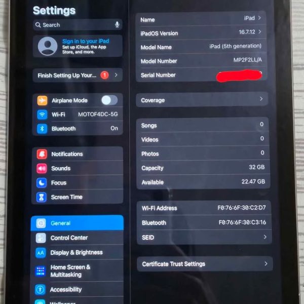 iPad 5 Gen (IOS 16.7.12) 32gb WiFi