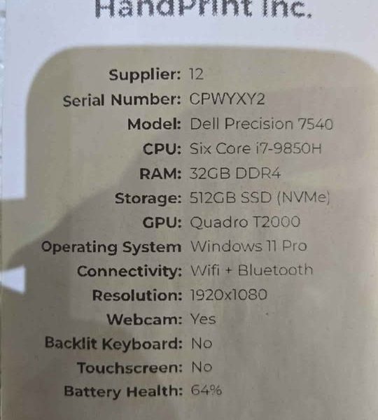 Dell Precision 7540 windows 11 pro - i7-9850H 32GB RAM 512GB SSD Quadro T2000 webcam