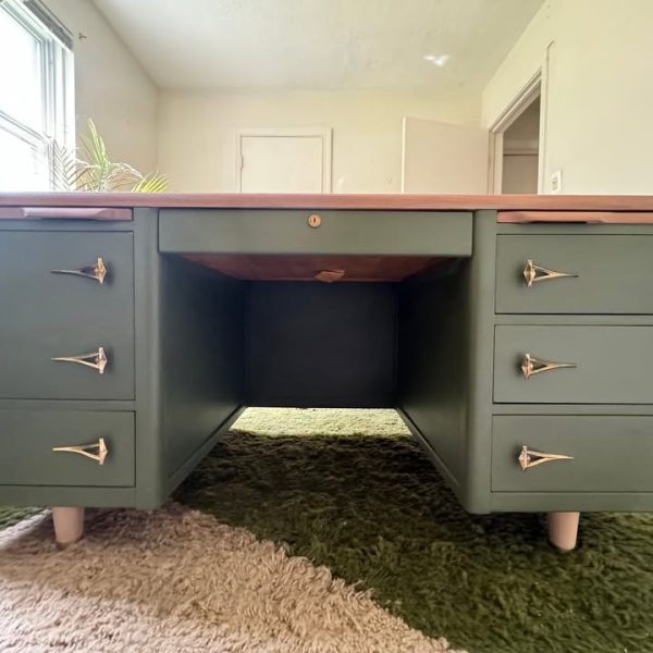 Green mid-century executive desk with tile inlay