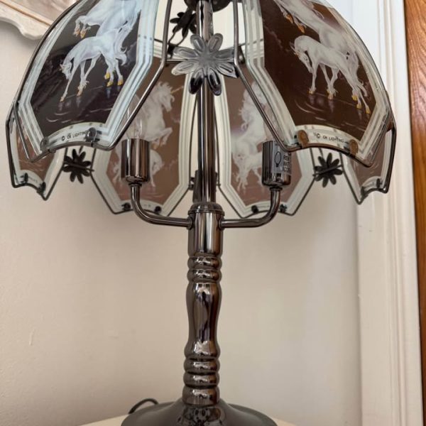 Black/Dark Silver Unicorn Glass Panel Lamp