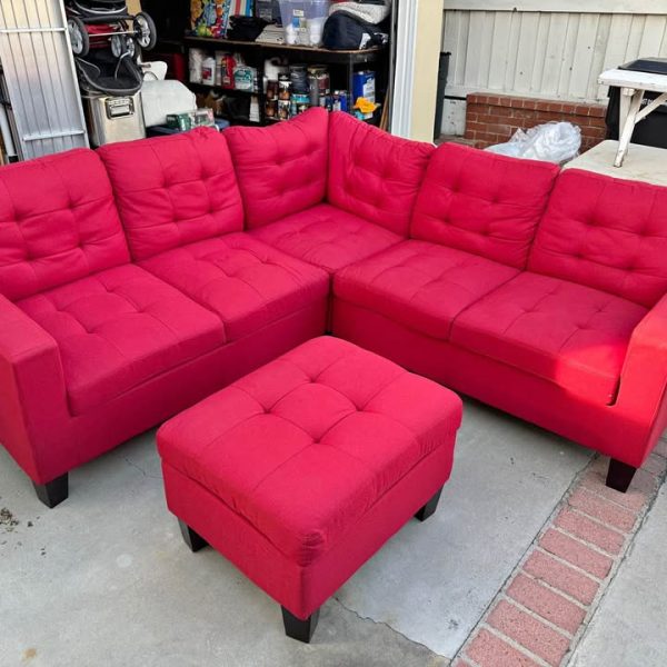 Three piece L sofa with ottoman (red)