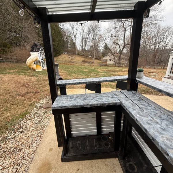 Custom Outdoor Wood Bar w/ Roof, 4 Stools & String Lights