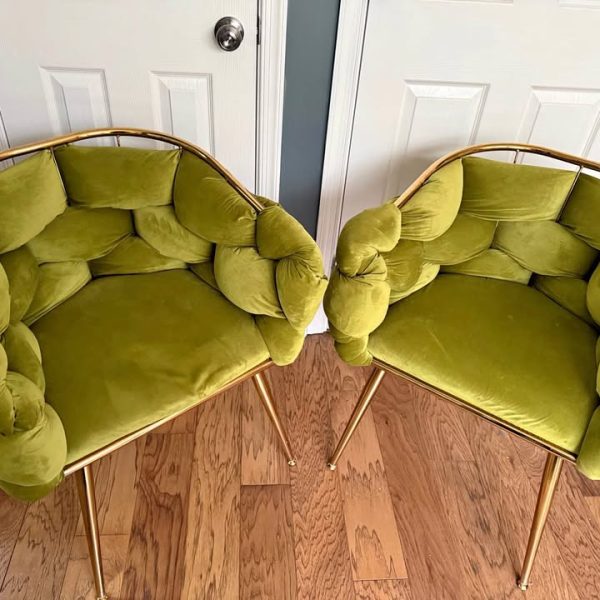 Pair of green velvet and gold accents chairs