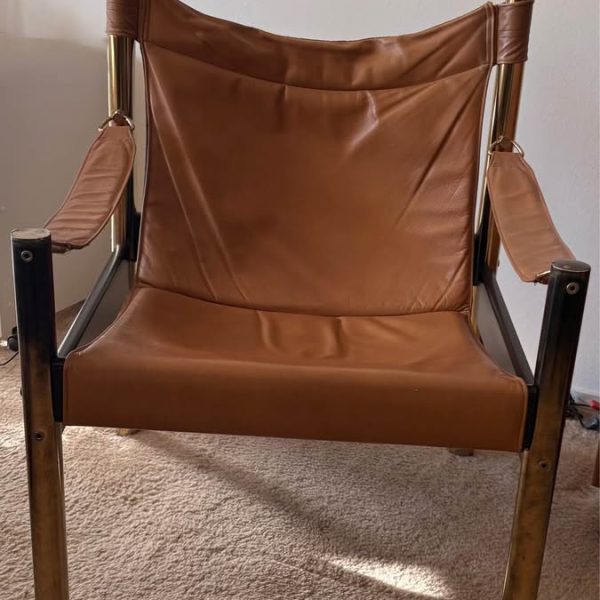 Leather with brass frame, Sling Arm Chair.