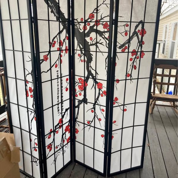 Roundhill Furniture 4 Panel Blackwood Folding Shoji Style Rooms Divider. Cherry Blossom Print.